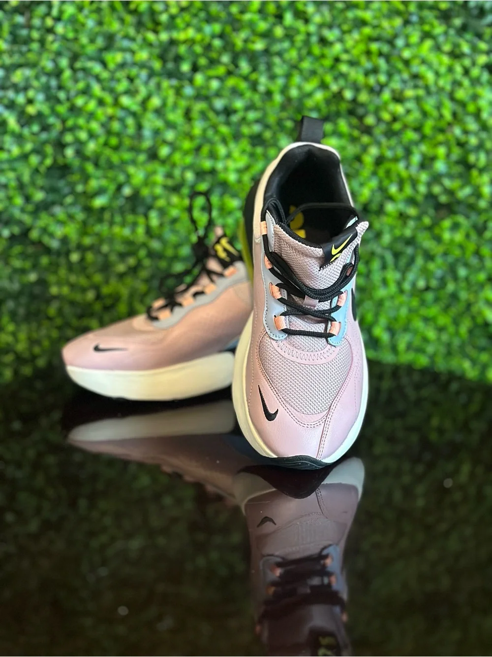 Nike Women’s Pink and Light Blue Sneakers with Black Swoosh